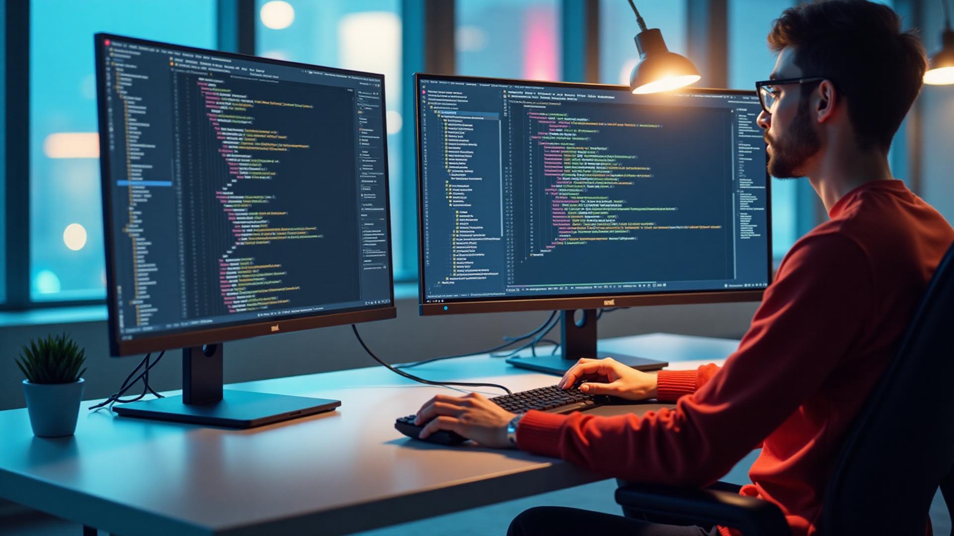 Software developer writing colourful code at a modern workstation